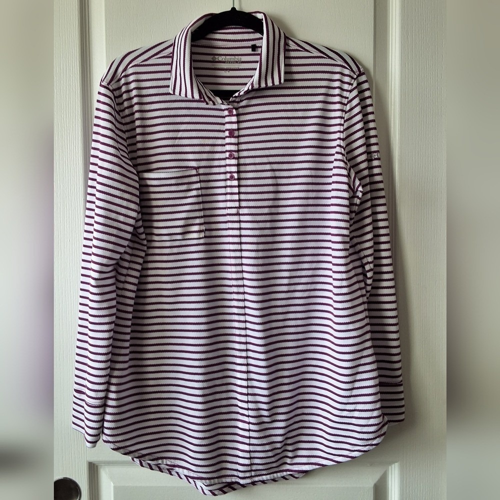 Columbia Women's L Golf Shirt, Plum/White Stripes, W/Omni Wick, Long Sleeves